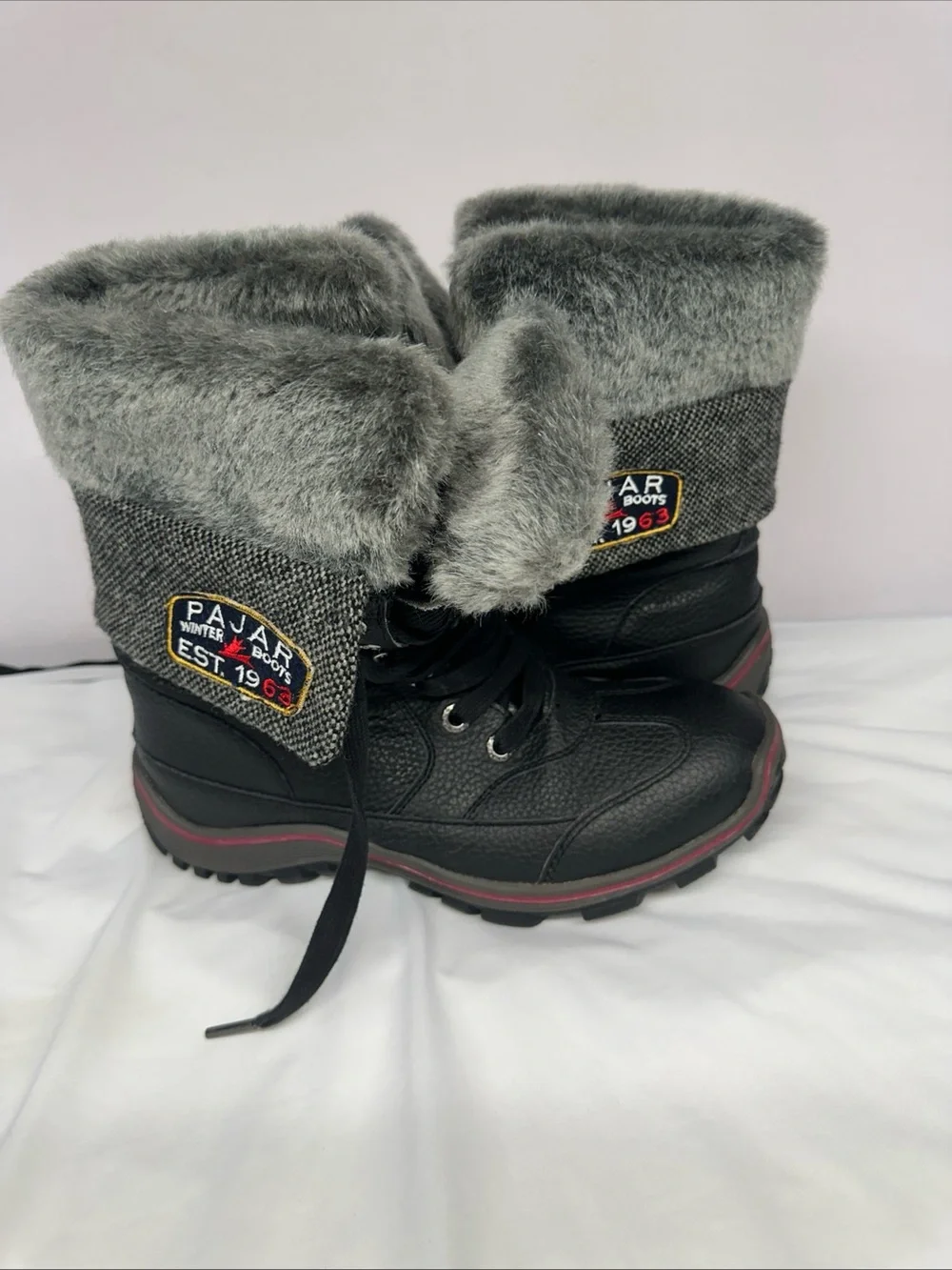 Pajar Women's Black Winter Boots with Gray Faux Fur Cuff and Red Trim